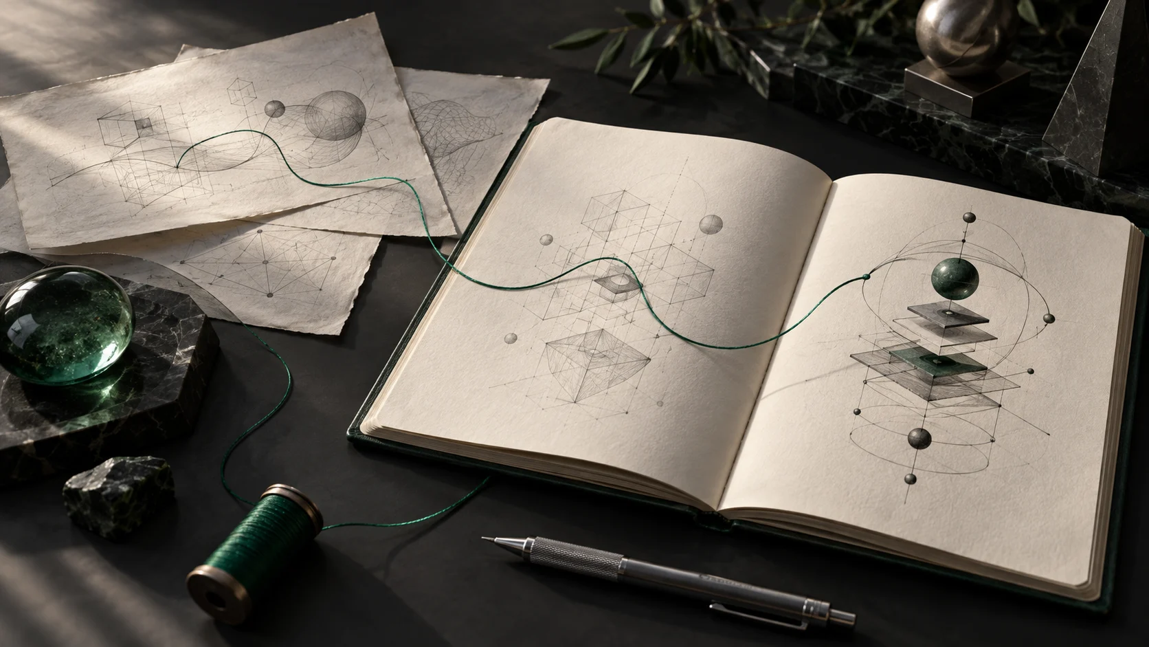 An open notebook and draft sheets connected by an emerald thread, a conceptual illustration of working through ideas