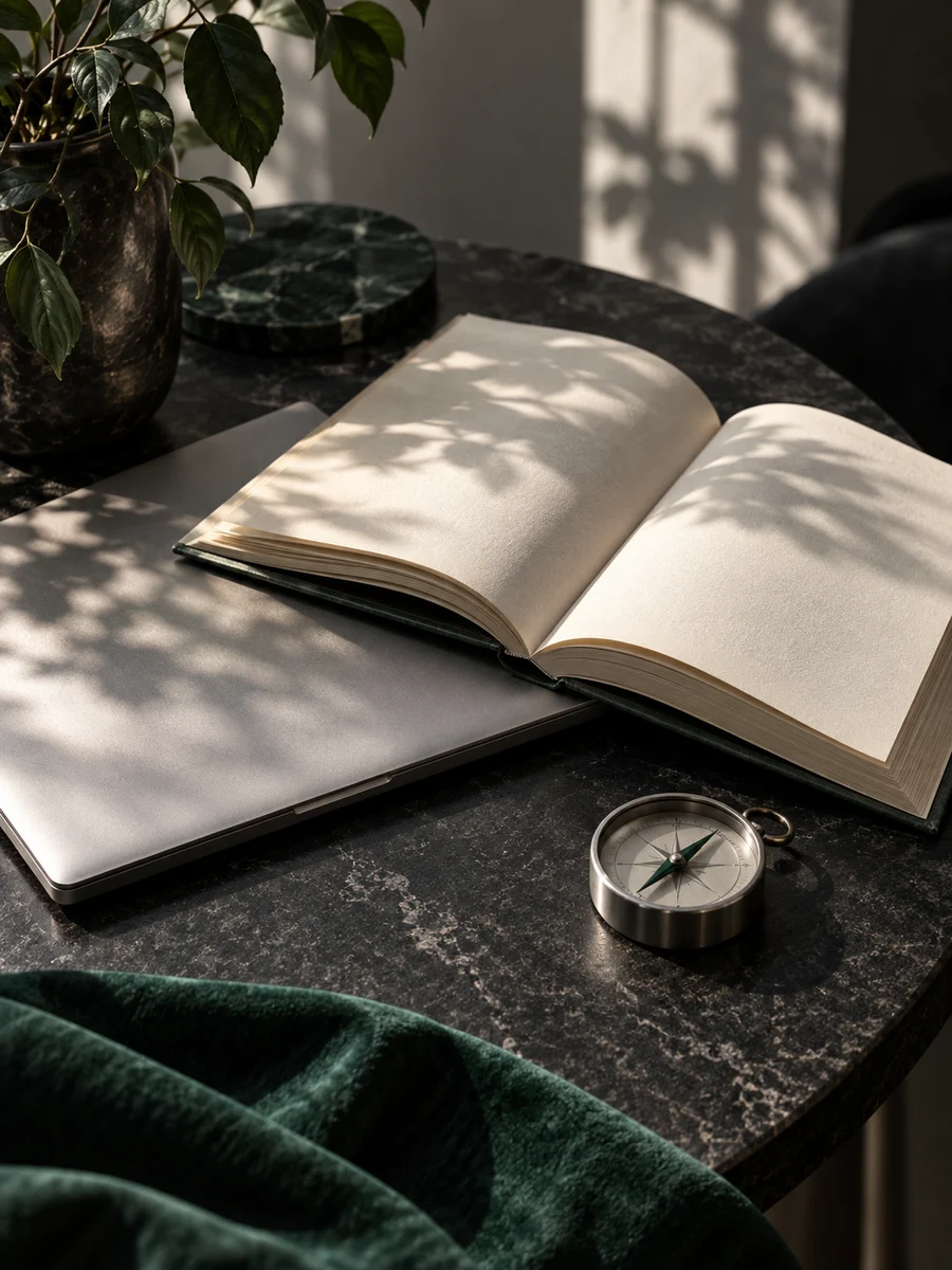 A conceptual still life of a closed laptop, an open book and a compass in soft window light