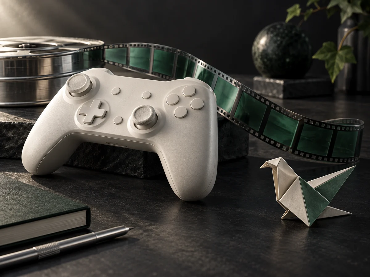 A conceptual still life of a game controller, film strip and folded paper, inspired by play and cinema