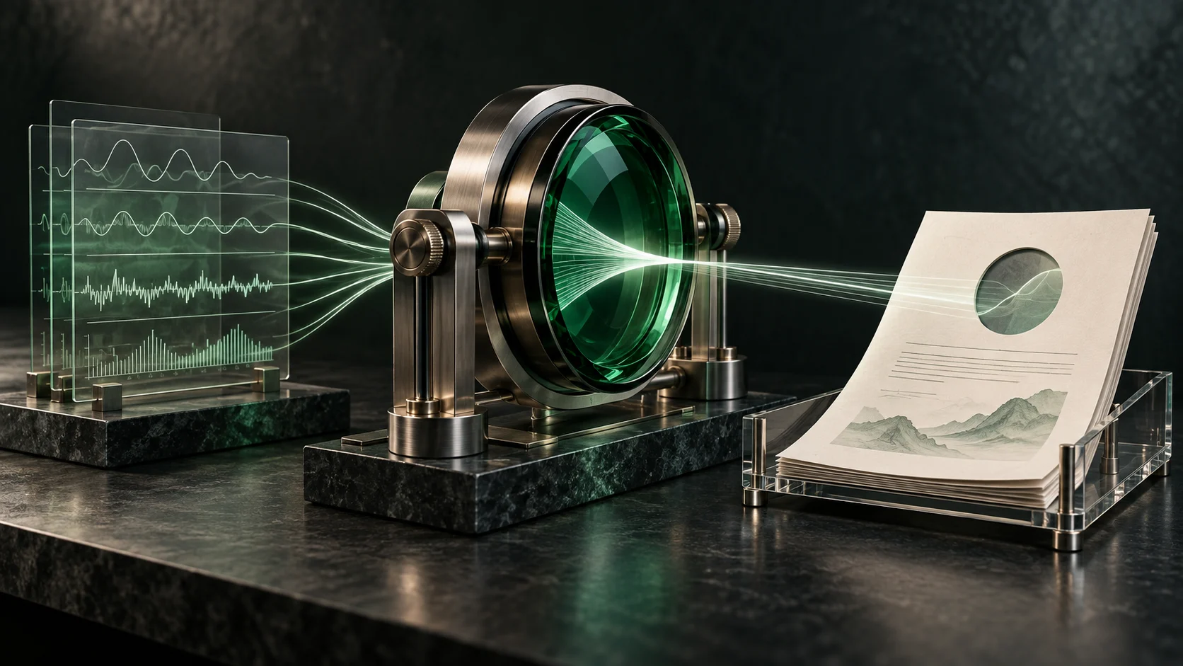 A conceptual illustration of measurement data passing through an AI lens into a document for review