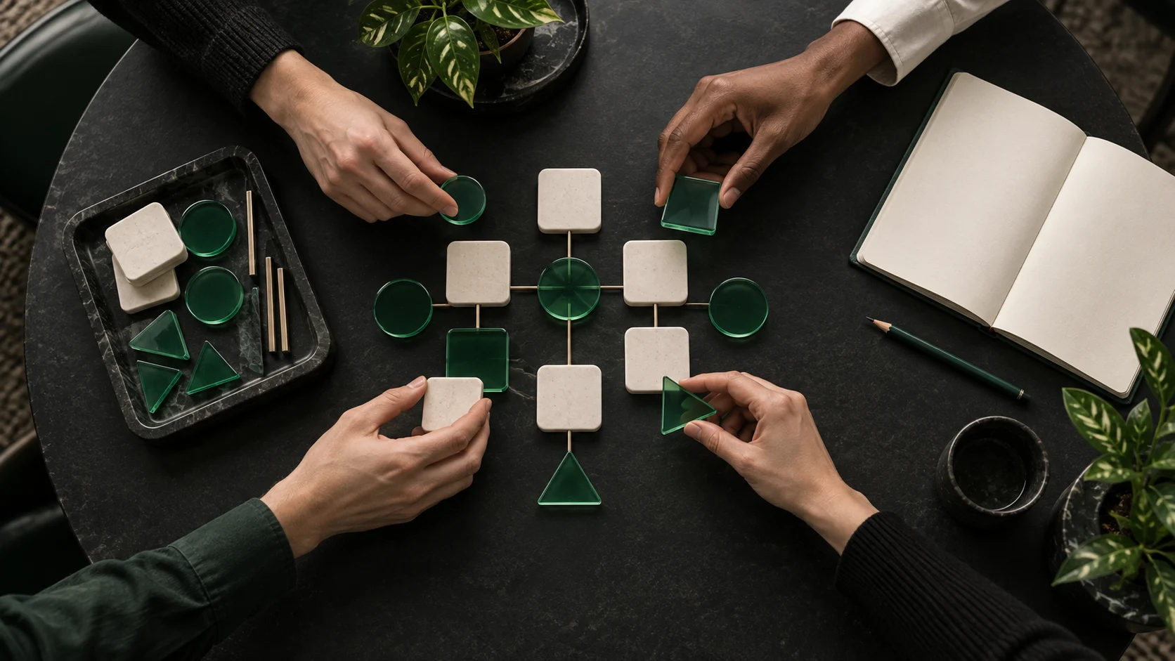Hands working around a shared table, arranging reusable pieces into a common workflow