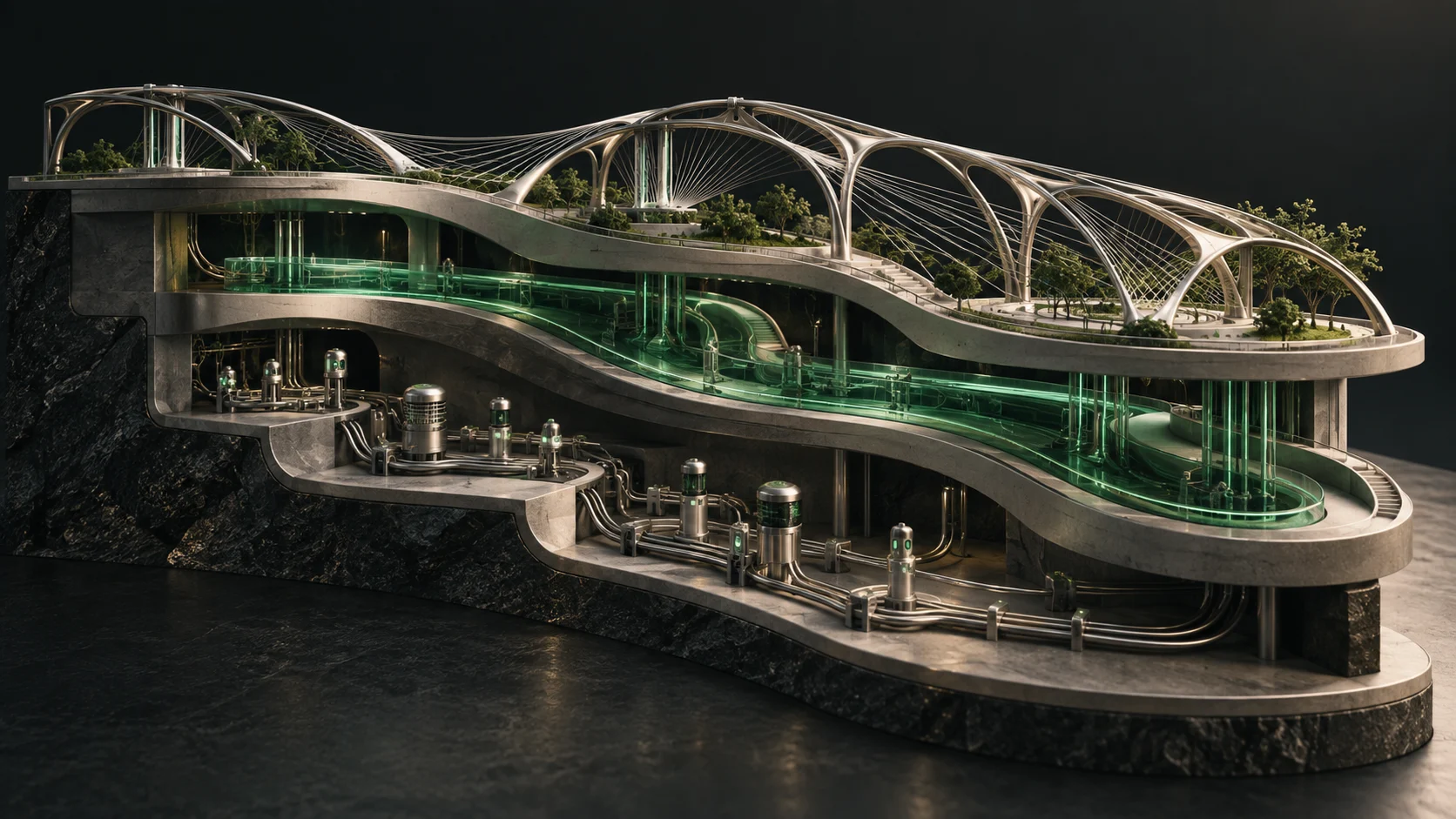A layered architectural model links physical devices, software channels and service infrastructure