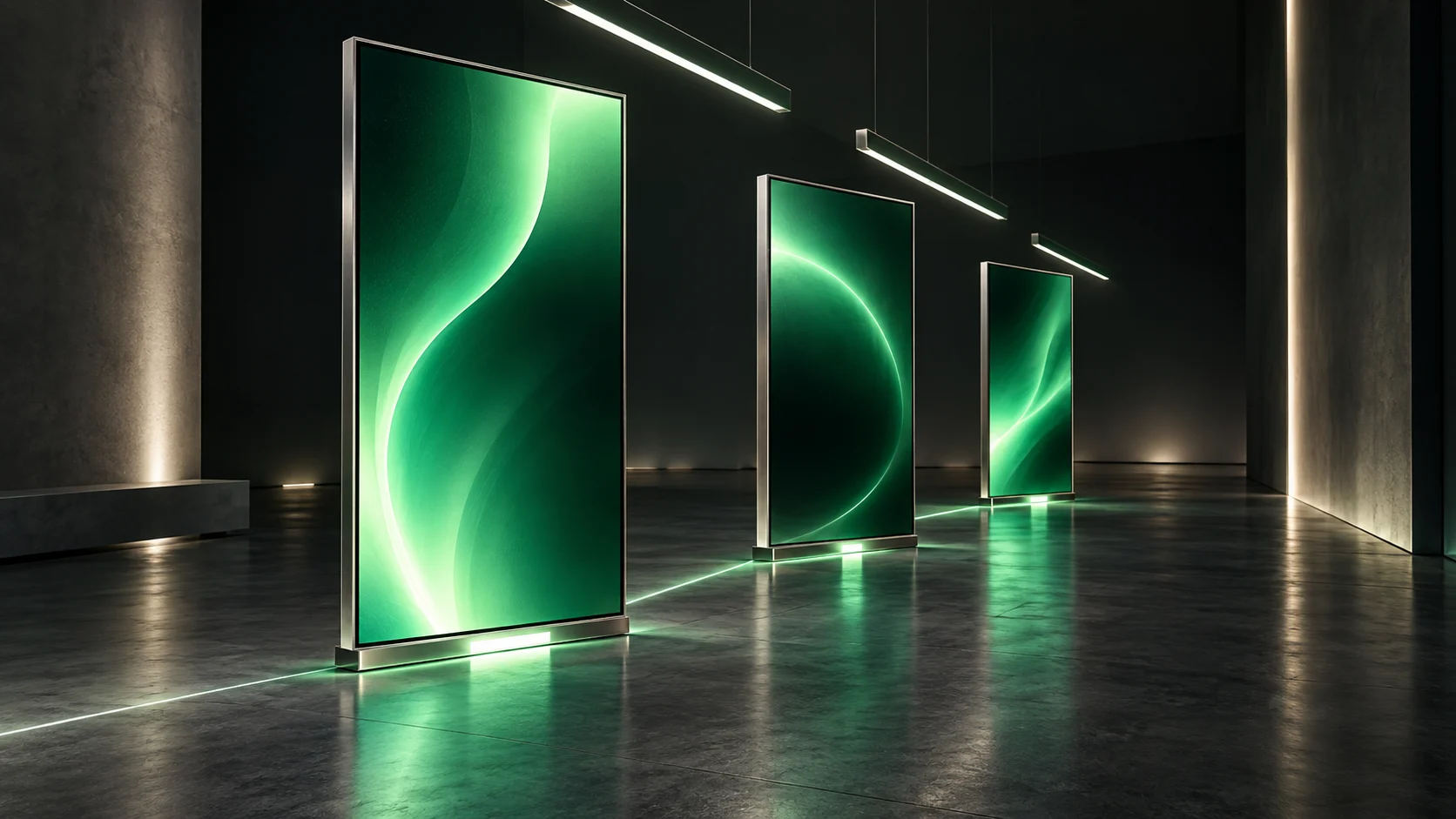 Conceptual illustration of digital signage panels synchronized with architectural lighting.