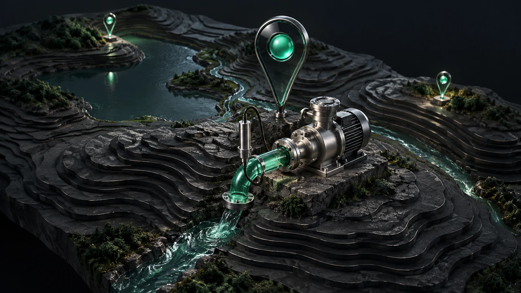 Conceptual illustration of a mapped water pump, a measurement probe and location-linked field nodes.