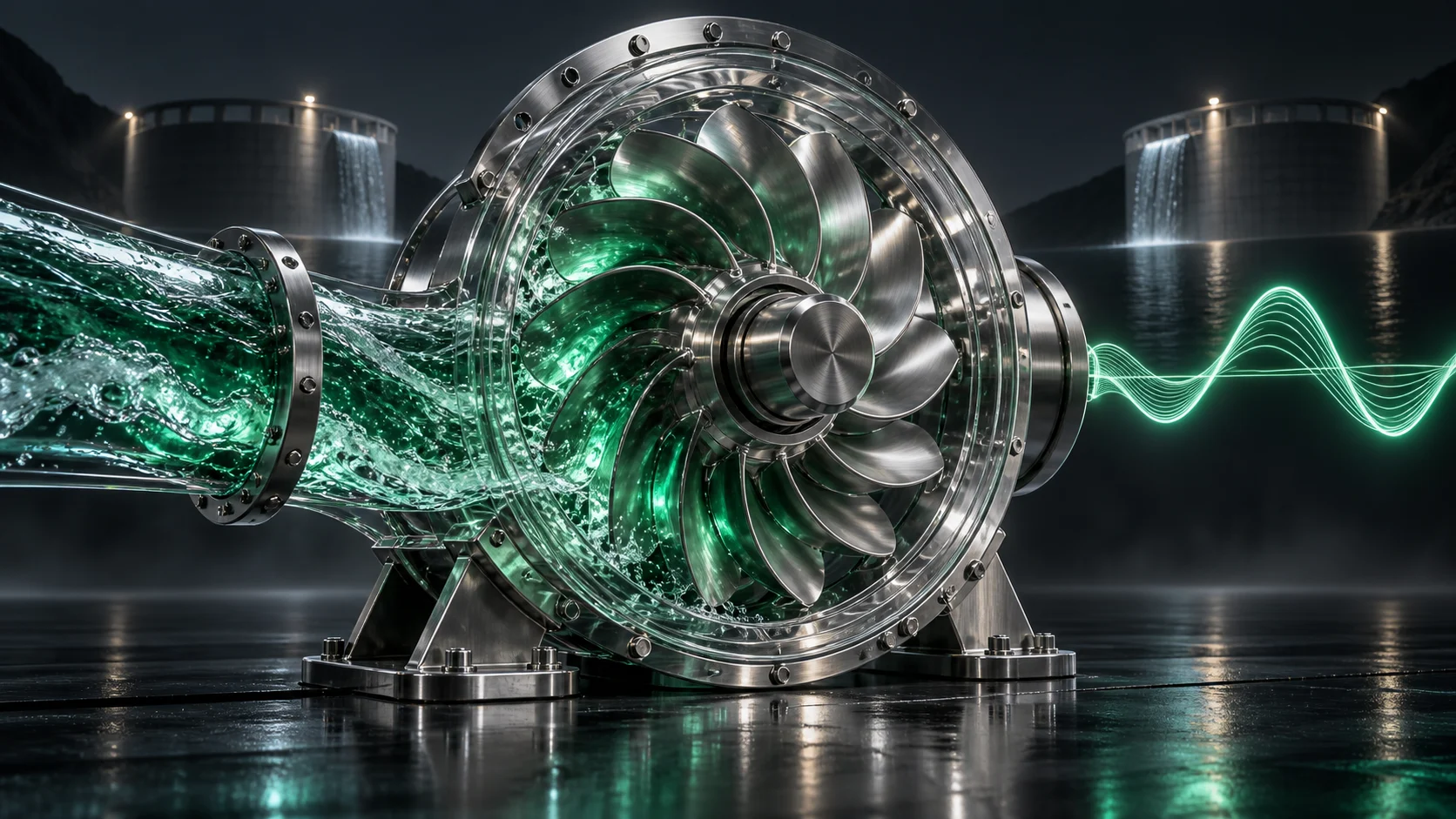 Conceptual illustration of water flowing through a silver turbine and becoming an energy signal.