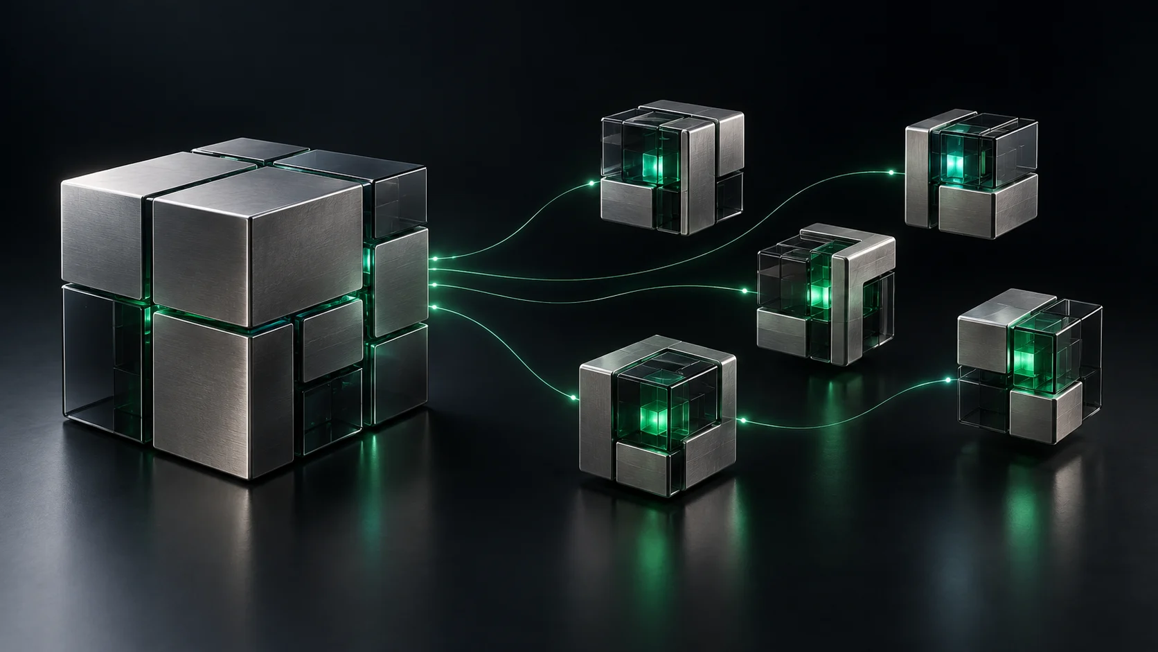 Conceptual illustration of one application block separating into independently connected service modules.