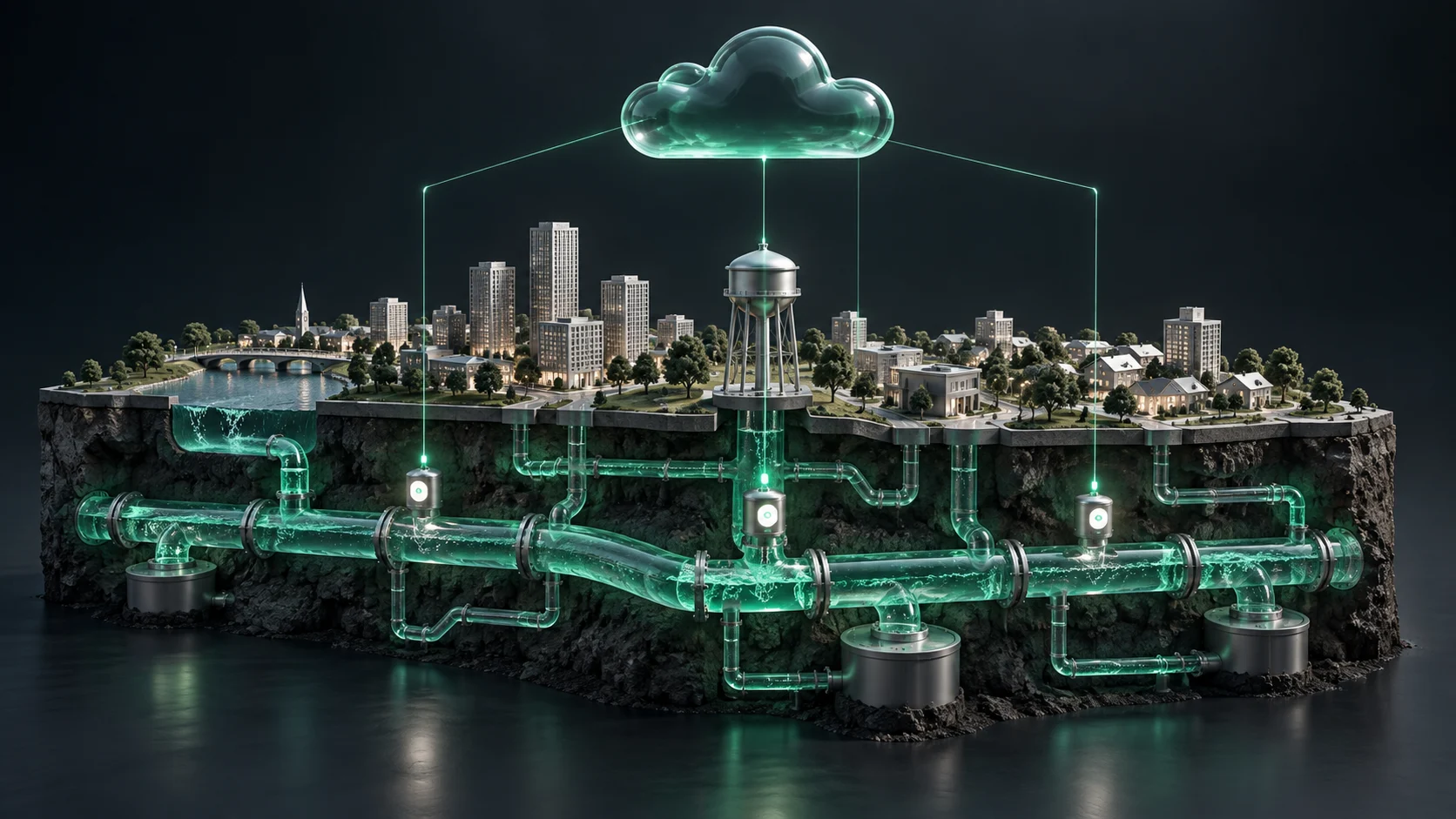 Conceptual illustration of a city water network, connected sensors and cloud monitoring.