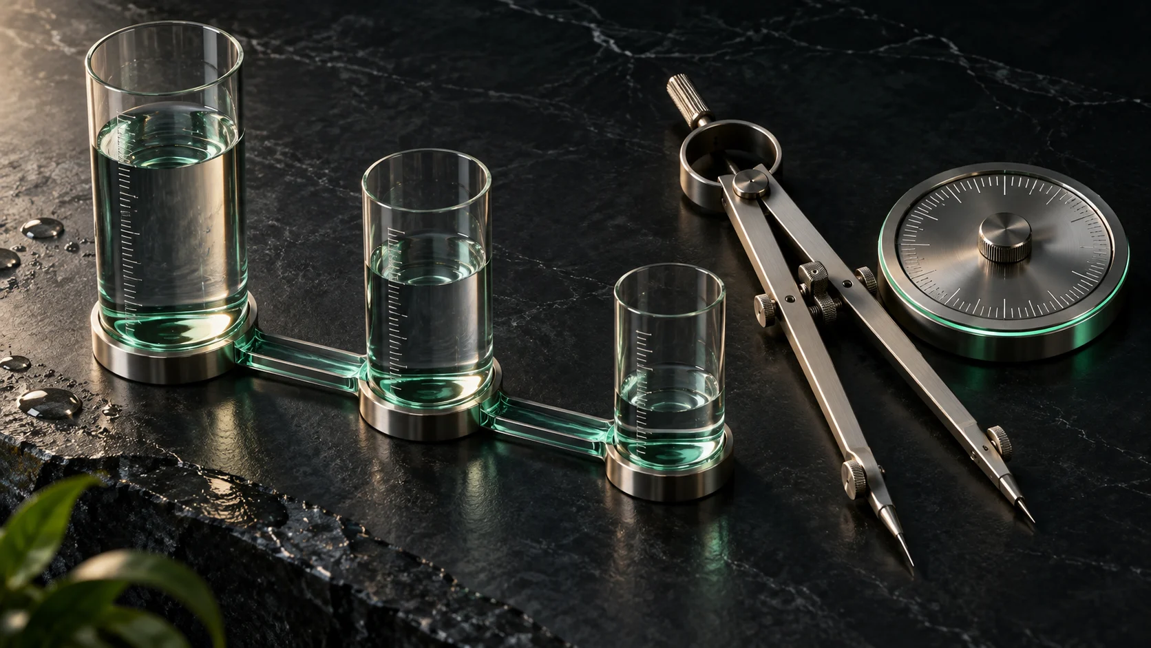 Conceptual illustration of water-level cylinders and precision instruments for water calculations.