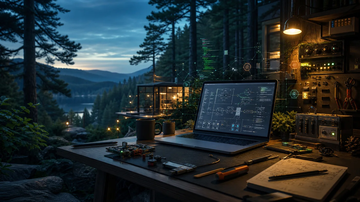 An illustrated workspace overlooking a forest, connecting nature and technology